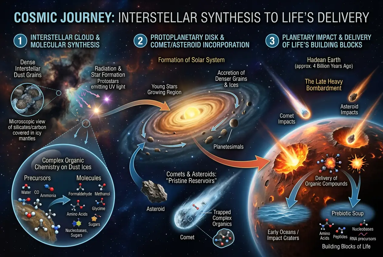 Visual explanation of Can Space Dust Build Life's Building Blocks?