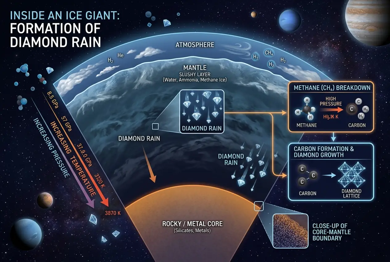 Visual explanation of Diamond Rain: Can Planets Forge Cosmic Superconductors?