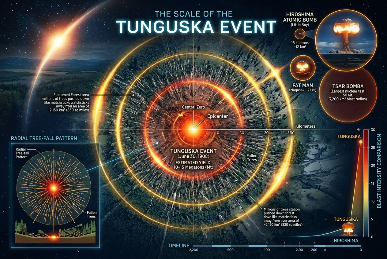 Visual explanation of Tunguska: Cosmic Blast, Comet, or Unknown Tech Anomaly?