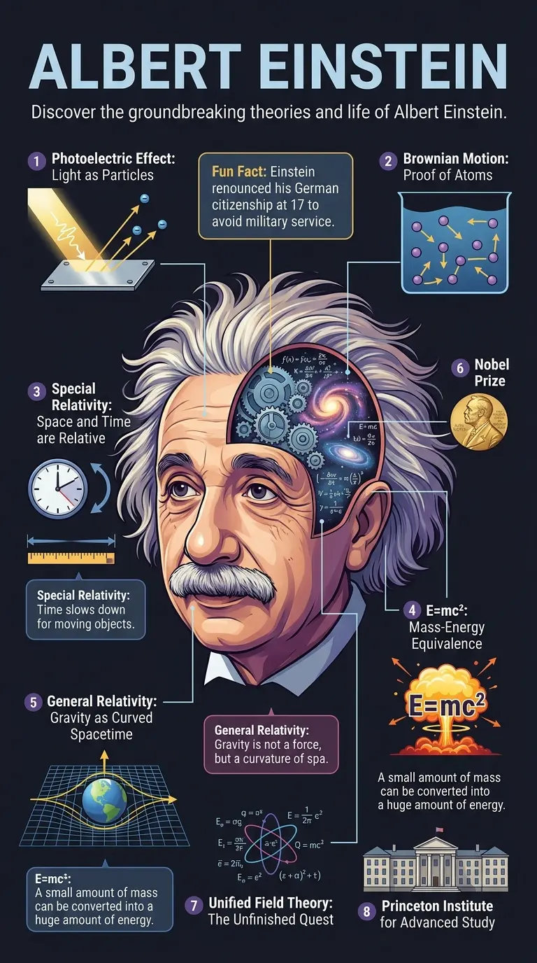 Infographic explaining Albert Einstein's life, theories, and legacy, including his work on relativity, quantum mechanics, and his impact on physics.