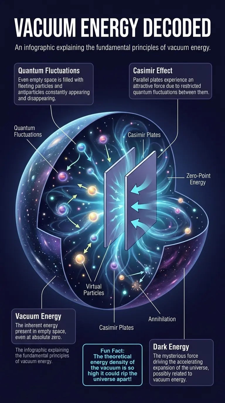 Infographic explaining vacuum energy, quantum fluctuations, and its potential as a future energy source. #vacuumenergy #quantumphysics #freeenergy