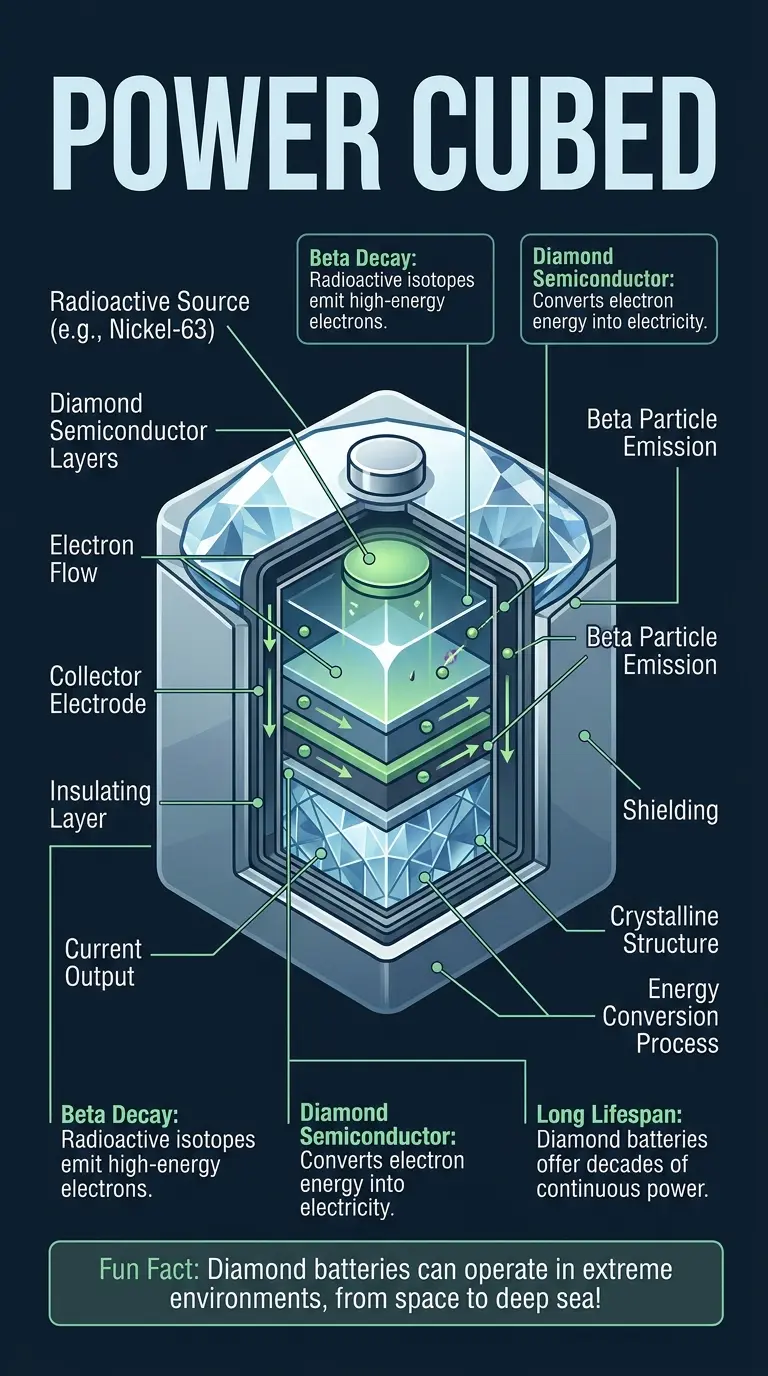 Infographic explaining the internal components and function of diamond batteries, highlighting their potential to power the future.