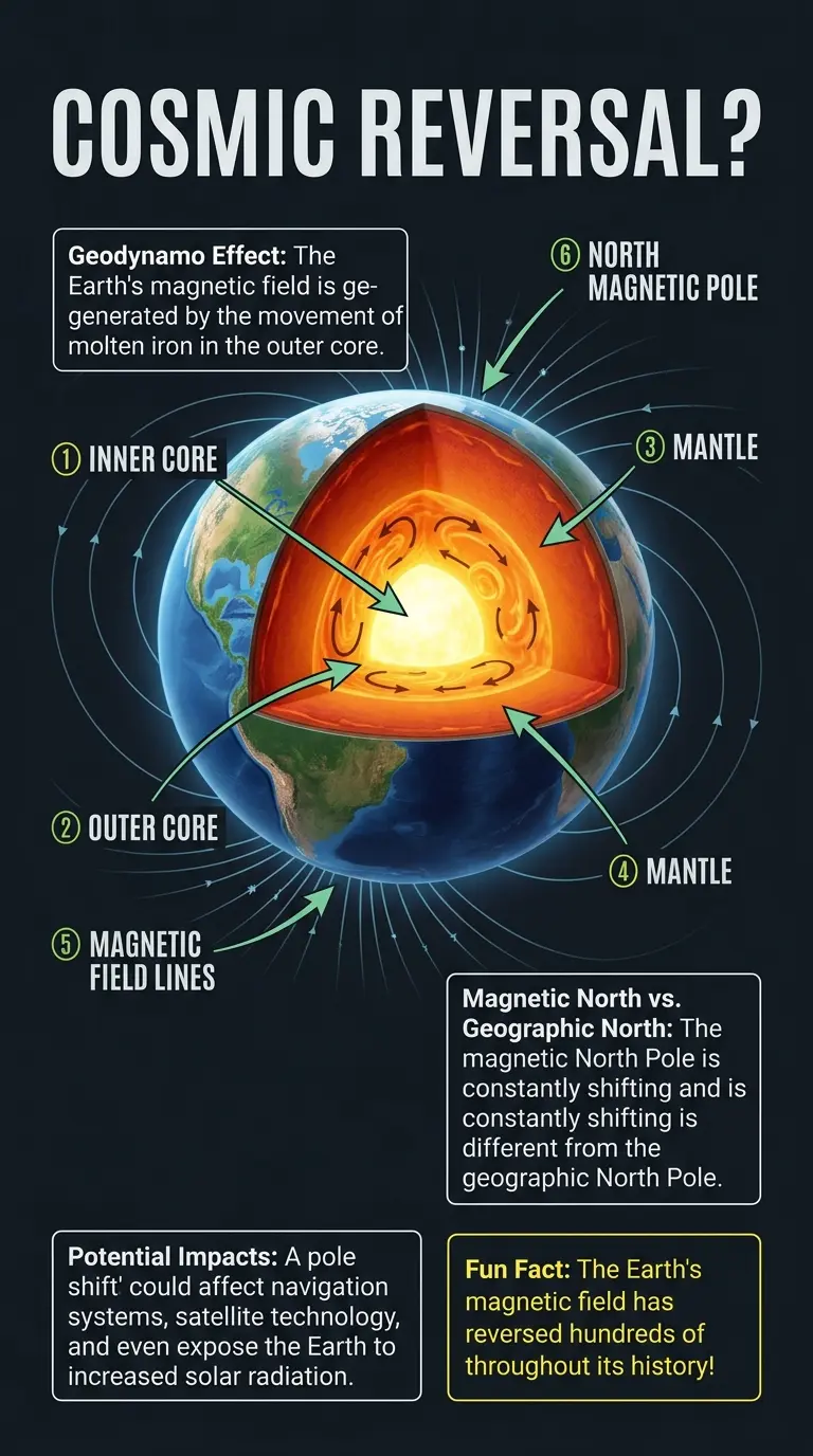 Infographic explaining Earth's magnetic pole shift, its causes, and potential consequences.