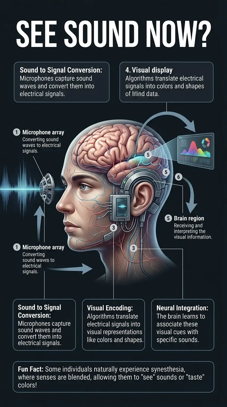 Infographic explaining how technology can augment our senses, allowing us to "see" sound through visual representations.