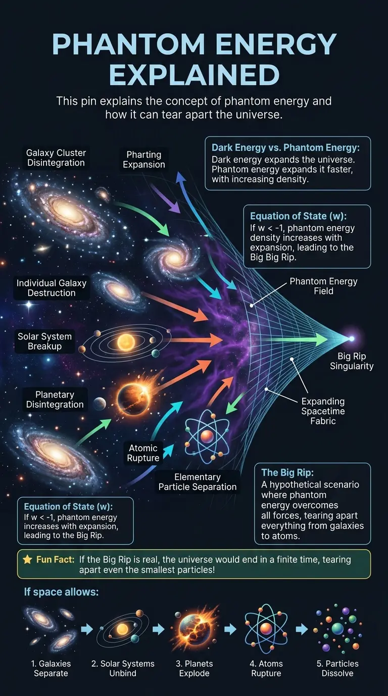 Infographic explaining phantom energy, its properties, and the Big Rip theory, including potential consequences for the universe.