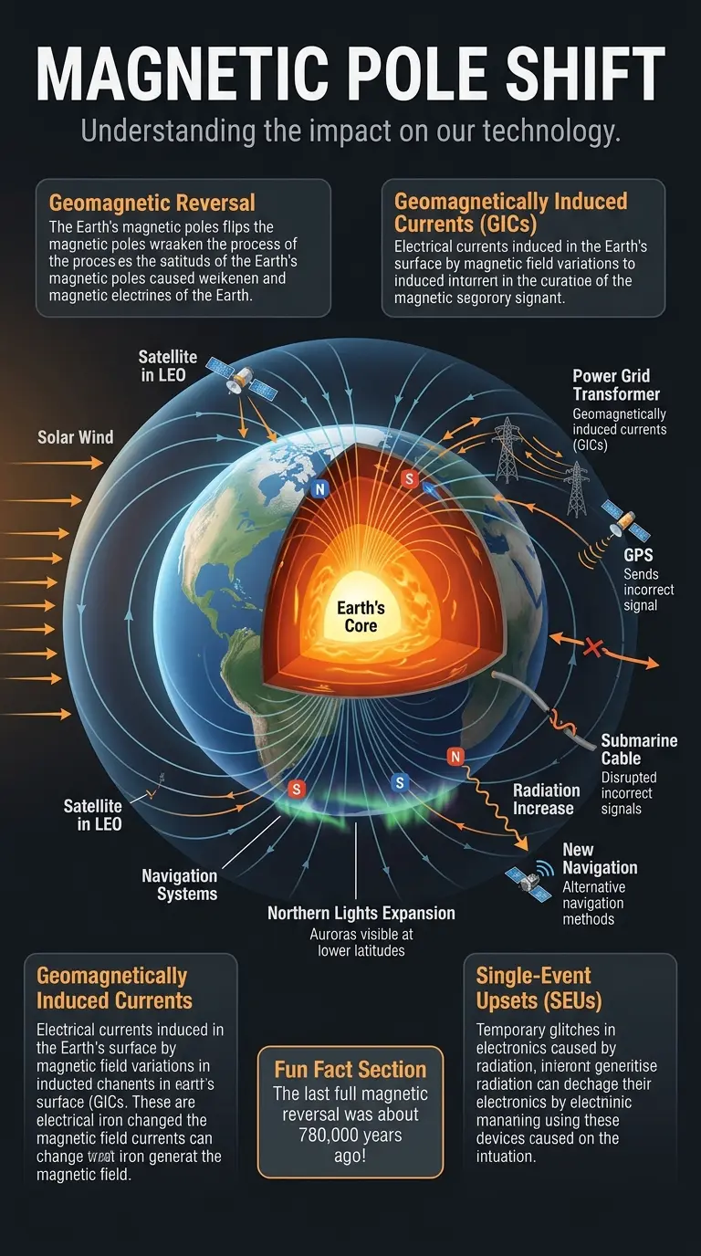 Infographic explaining Earth's magnetic field reversal and its impact on technology, including satellite systems, power grids, and communication infrastructure.