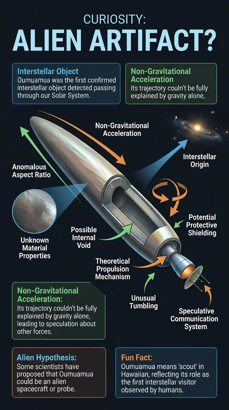 Infographic explaining the potential alien technology aspects of the interstellar object Oumuamua, including its unusual shape, trajectory, and acceleration.