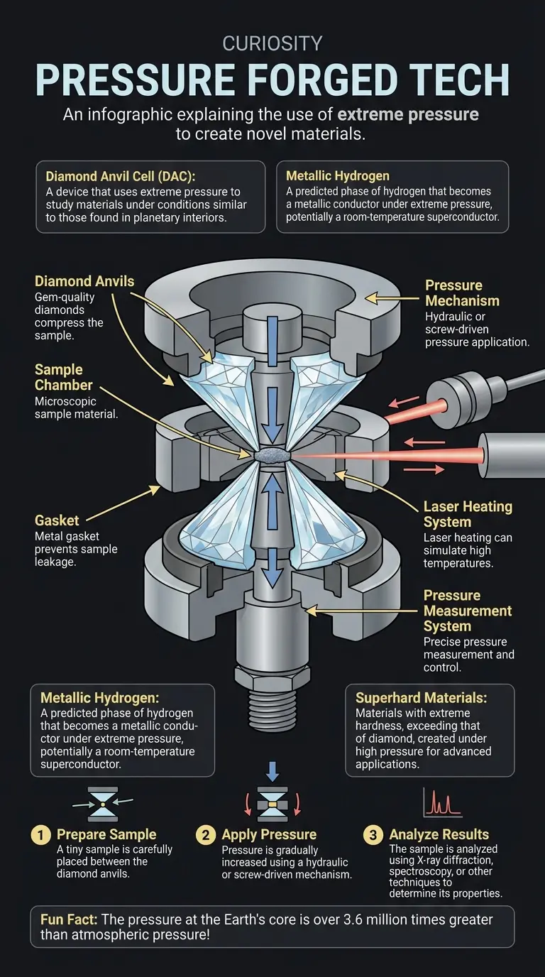 Infographic explaining how extreme pressure is used to create new and advanced materials for future technologies, including diamond anvil cells and potential applications.