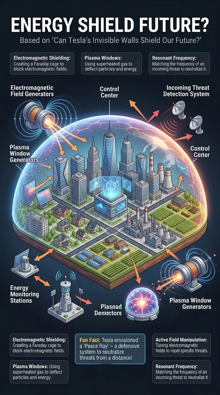 Infographic explaining the science behind Tesla's "invisible wall" concept, exploring electromagnetic shielding, plasma windows, and active field manipulation for future defense technologies.