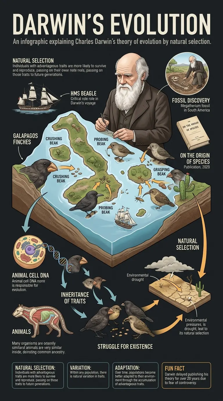 Detailed infographic explaining Charles Darwin's theory of evolution by natural selection, his life, and its impact on science.