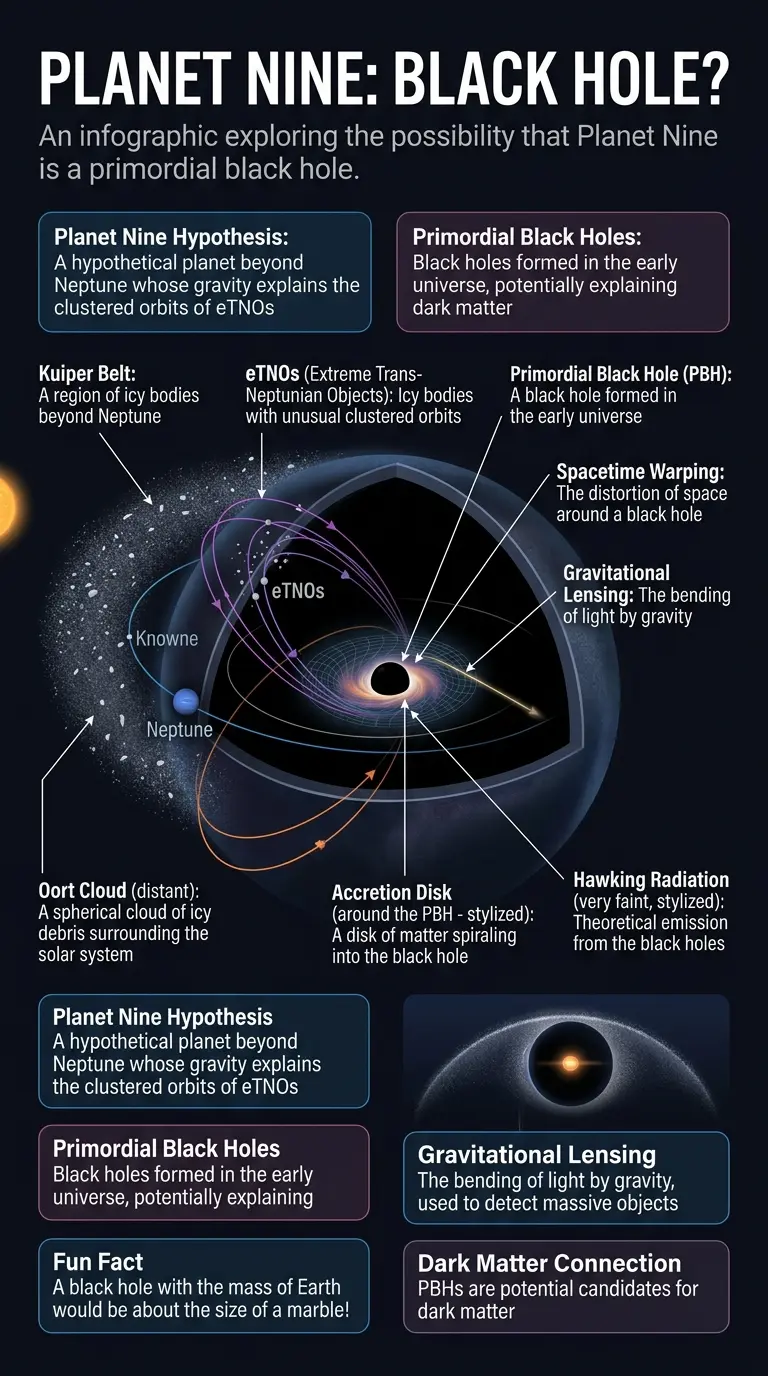 Infographic explaining the Planet Nine hypothesis, exploring the possibility of it being a primordial black hole, and outlining detection methods.