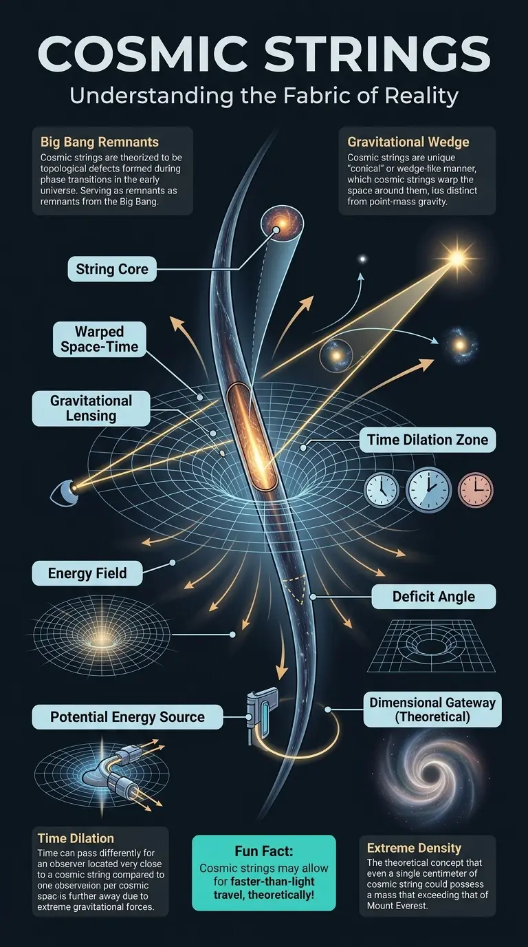 Educational infographic explaining the theoretical concept of cosmic strings, their properties, and potential future technological applications. #CosmicStrings #Astrophysics #TheoreticalPhysics