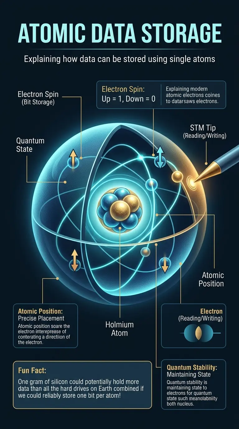 Infographic explaining how a single atom could potentially store all the world's data, detailing the science behind atomic data storage, its potential benefits, and current challenges.