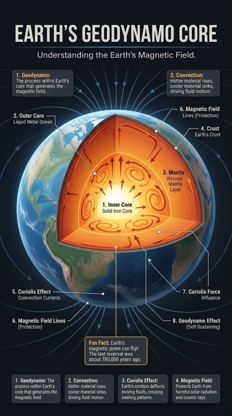Infographic explaining Earth's geodynamo, including its components, processes, and importance for planetary protection.
