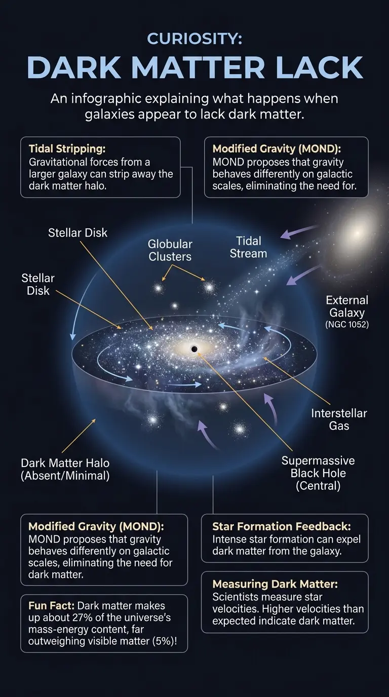 Infographic explaining galaxies lacking dark matter, visualizing theories like tidal stripping and modified gravity (MOND).
