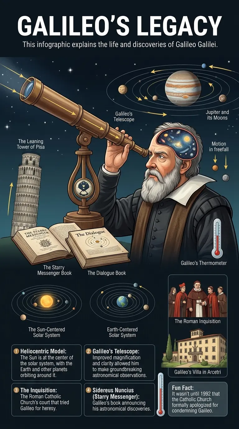 Infographic explaining Galileo Galilei's life, discoveries, and contributions to science, including his telescope, observations of Jupiter's moons, and conflict with the Church. #Galileo #ScienceHistory #Astronomy