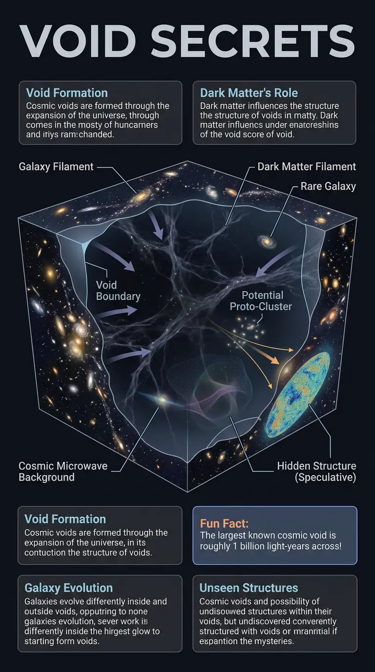 Infographic explaining the structure and potential hidden elements within cosmic voids, large empty regions in the universe, and their relationship to dark matter and galaxy formation.