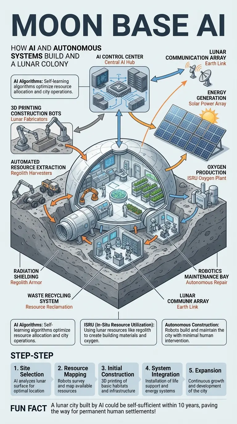 Infographic showing the cutaway view of a lunar city built and managed by artificial intelligence, highlighting key components and infrastructure.
