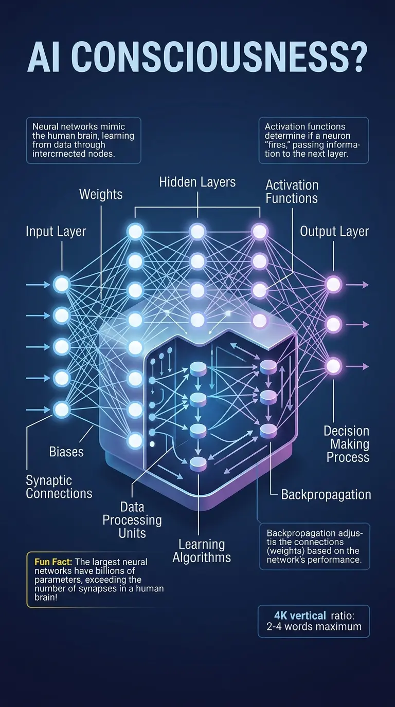 Detailed infographic illustrating the inner workings of an AI neural network, showcasing its layered structure and data processing flow.