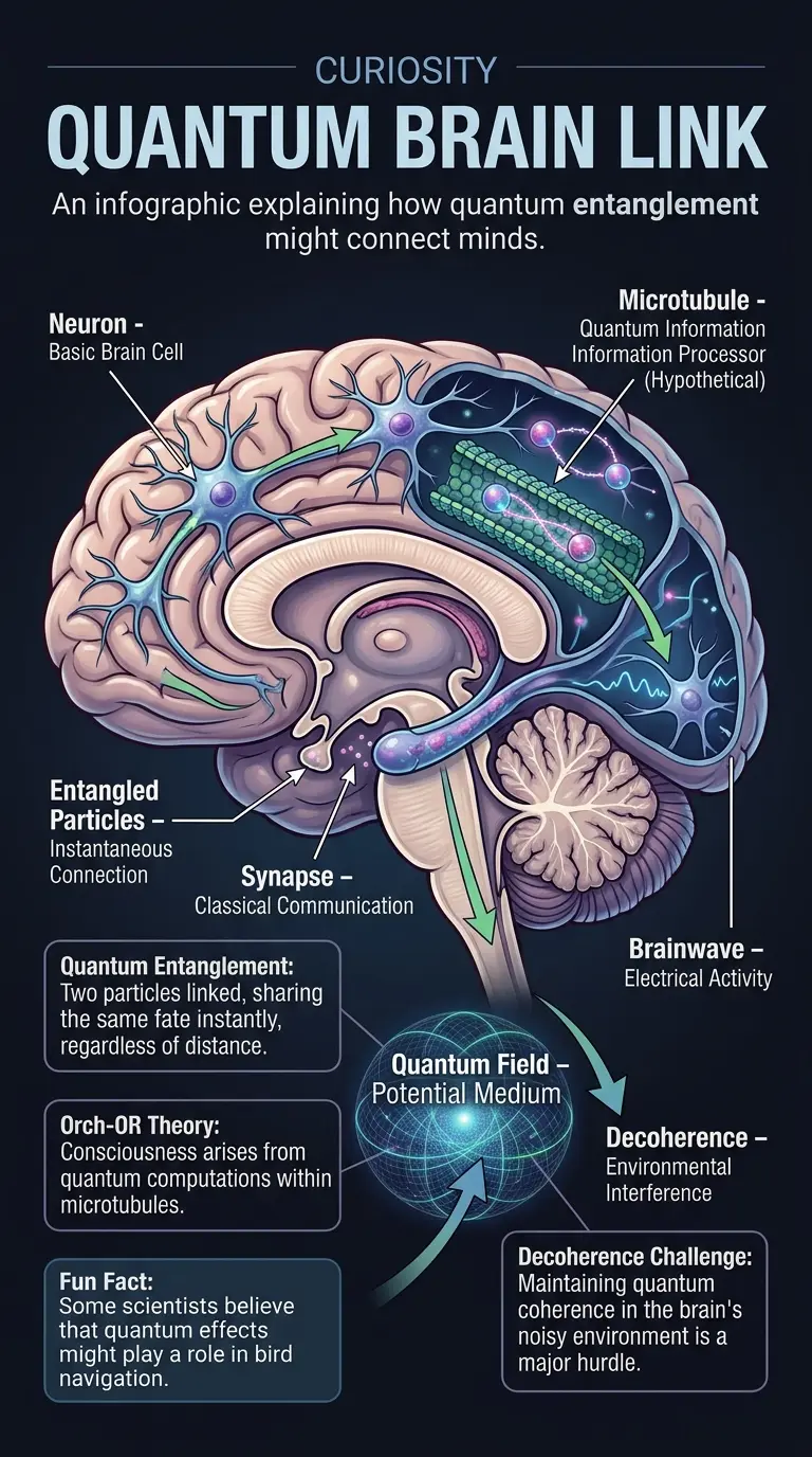 Infographic explaining the potential link between quantum entanglement and human consciousness, featuring a cutaway brain illustration with quantum phenomena.