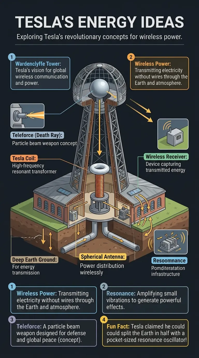 Infographic explaining Nikola Tesla's ideas on free energy, including Wardenclyffe Tower, Teleforce, anti-gravity, and the oscillator.