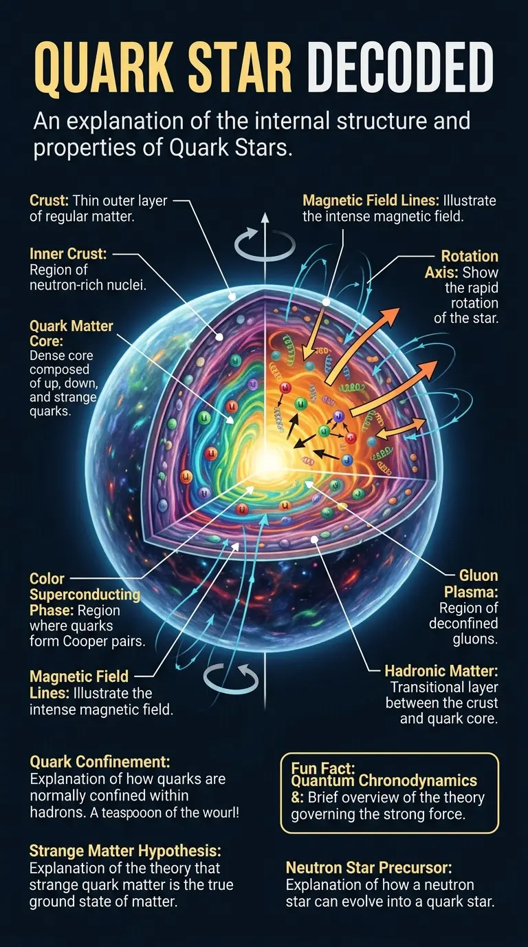 Infographic explaining the structure and properties of quark stars, hypothetical celestial objects made of deconfined quarks.