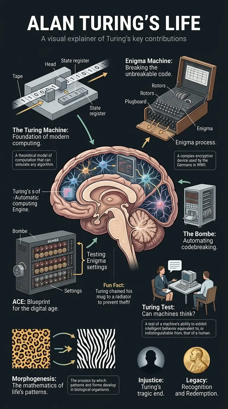 Infographic explaining Alan Turing's life, work, and contributions to computer science, codebreaking, and artificial intelligence.