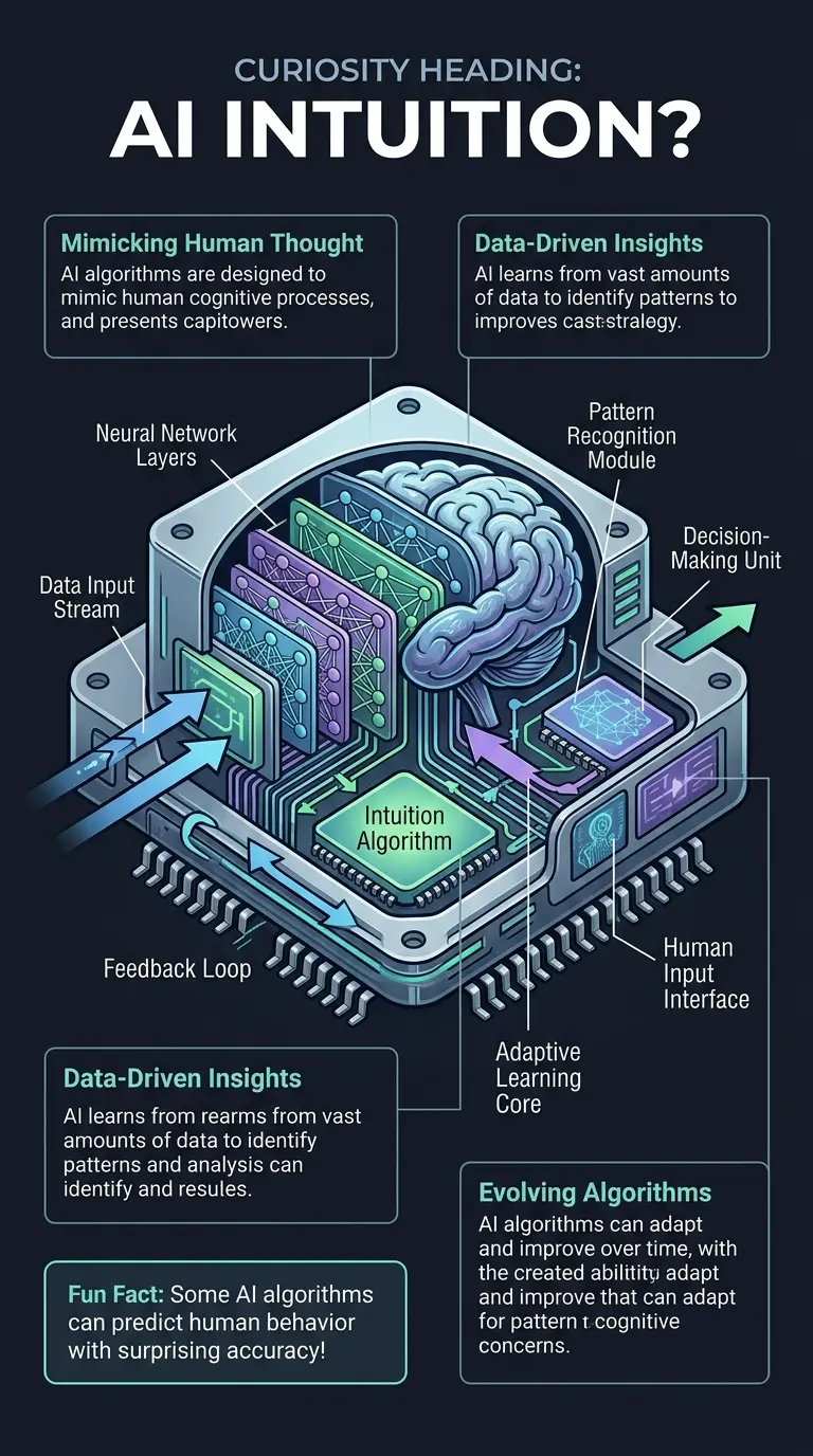 Infographic explaining how Artificial Intelligence learns from and mimics human intuition, showing key components and processes involved.