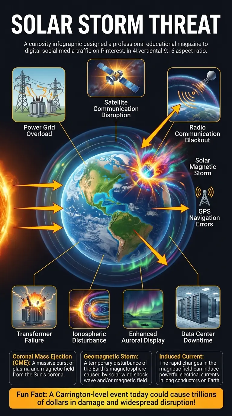 Infographic explaining the potential impact of solar storms on Earth's technology and infrastructure, including power grids, satellites, and communication systems.