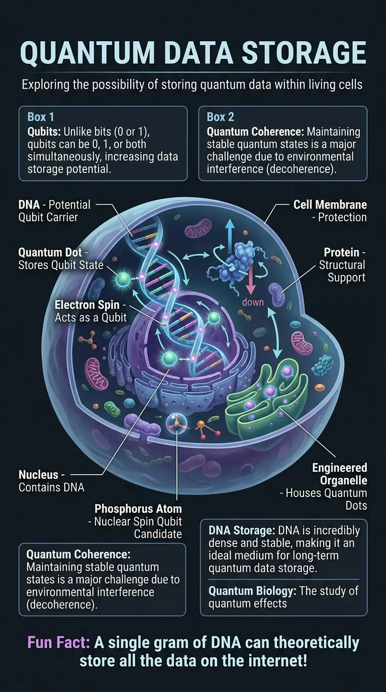 Infographic explaining how living cells could potentially store quantum data, highlighting qubits, DNA, and the challenges of maintaining quantum coherence.