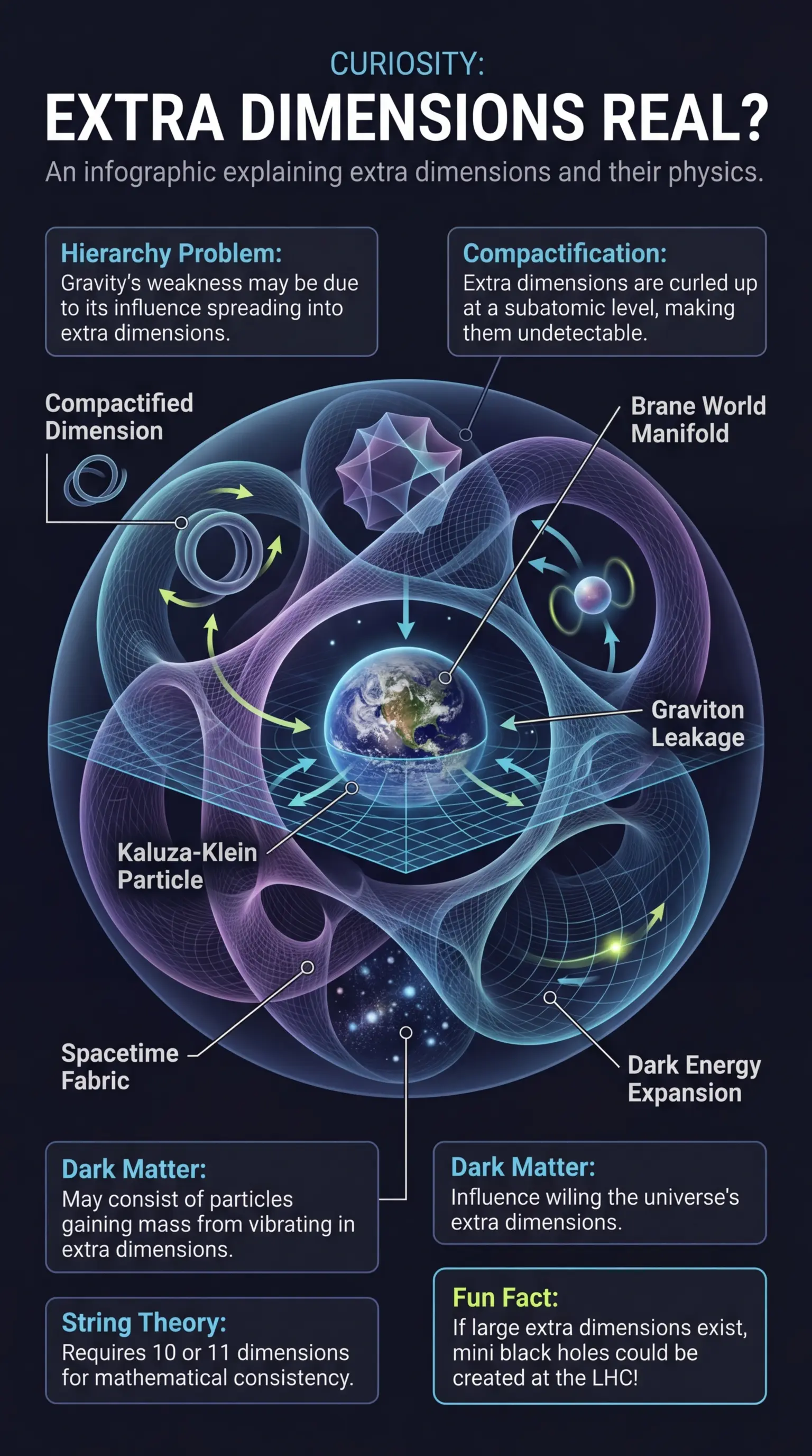 Infographic explaining the concept of hidden dimensions in physics, exploring their potential impact on gravity, dark matter, and exotic technologies. #HiddenDimensions #Physics #Cosmology