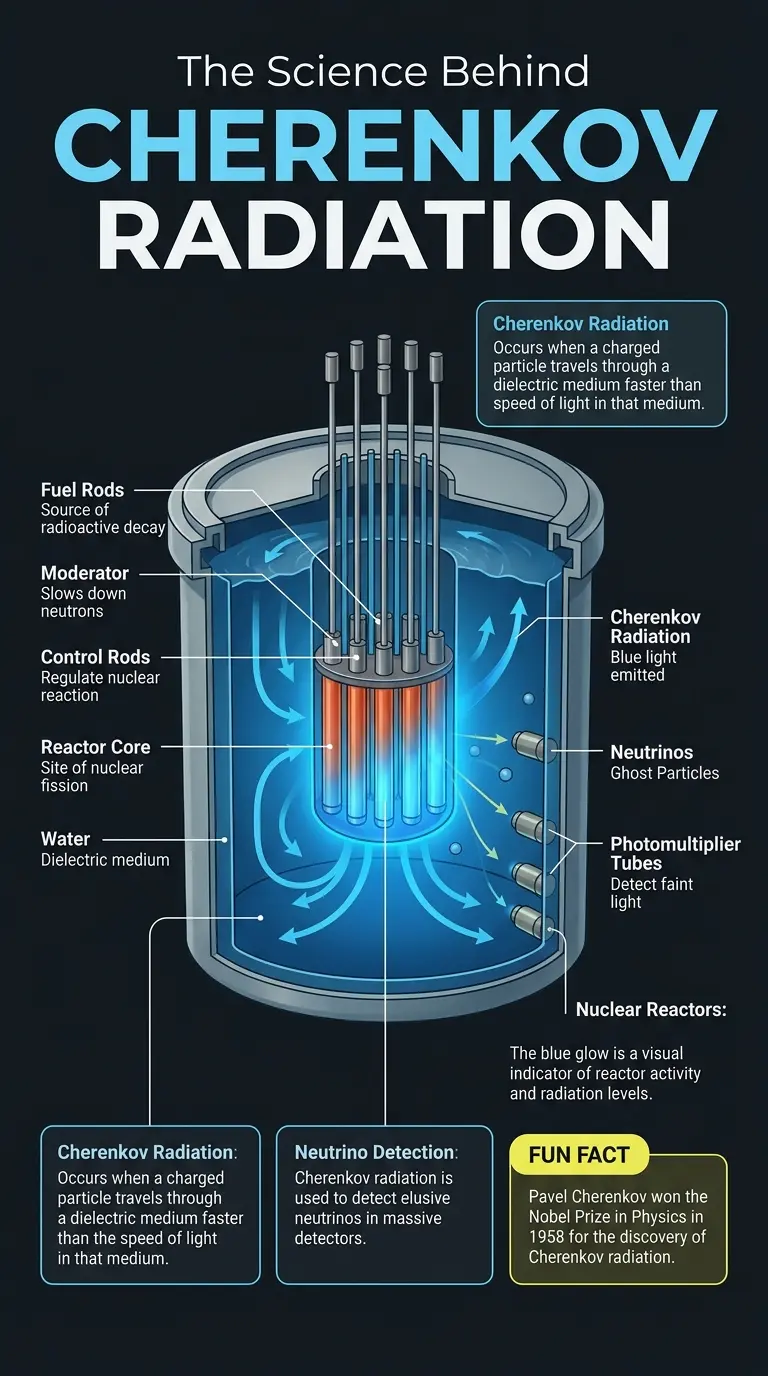 Educational infographic explaining Cherenkov radiation, its applications in neutrino detection, nuclear reactor monitoring, and medical imaging, and speculative future technologies.