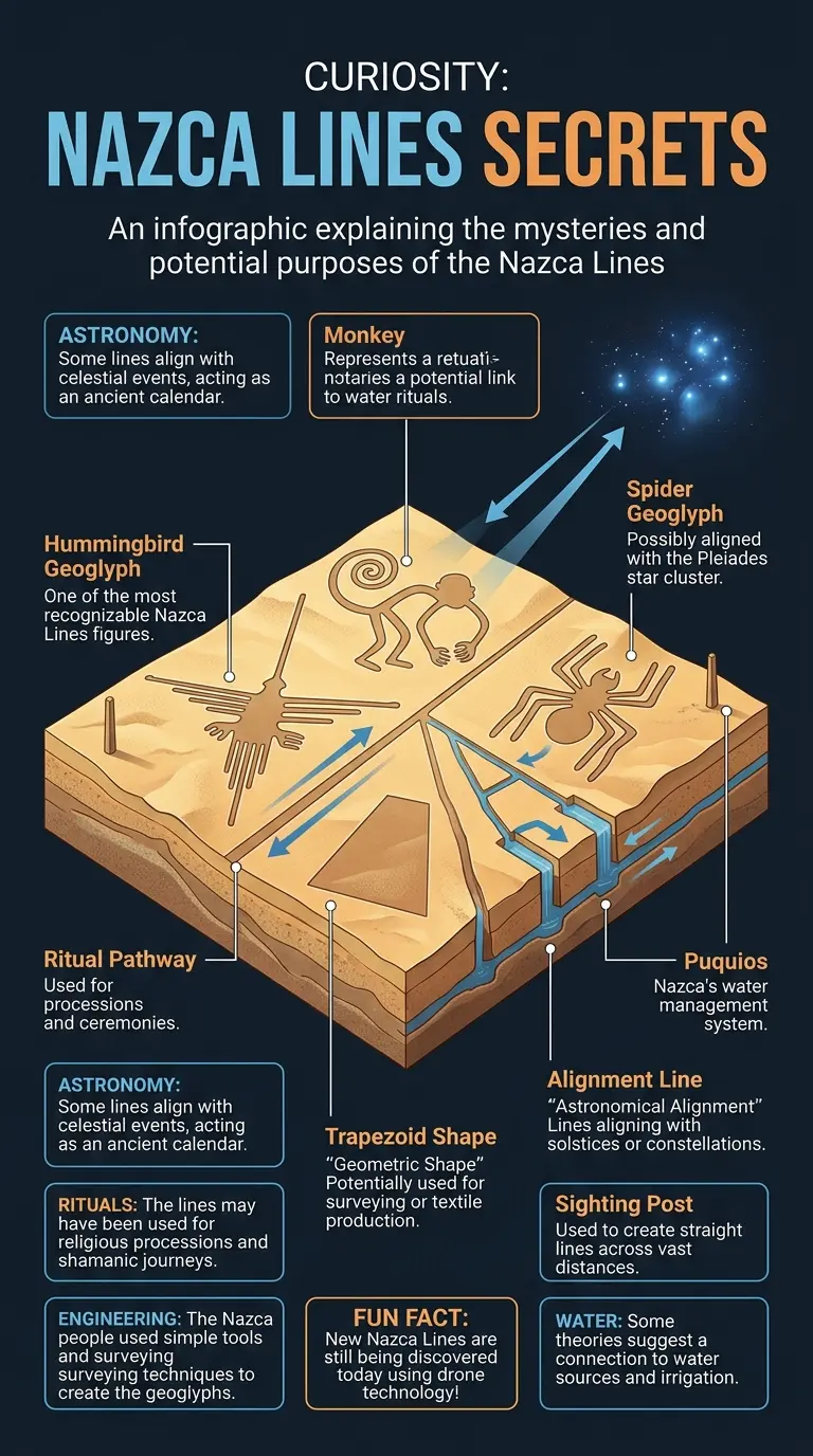 Detailed infographic explaining the Nazca Lines, their potential purposes, and how they were created.