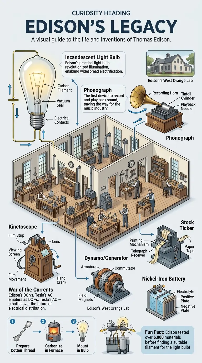 Infographic explaining the life and inventions of Thomas Edison, highlighting his impact on modern technology and society.