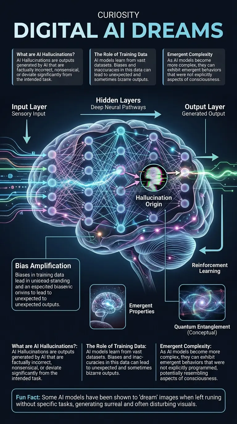 Infographic explaining how AI hallucinations might suggest a form of digital consciousness, with cutaway view of a neural network.