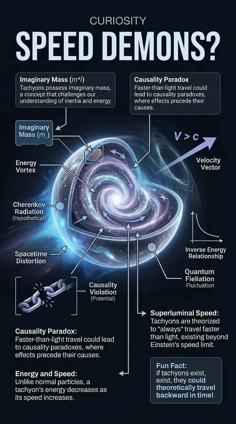 Infographic explaining the theoretical properties and implications of tachyons, hypothetical particles that always travel faster than light, including their imaginary mass and potential violation of causality.