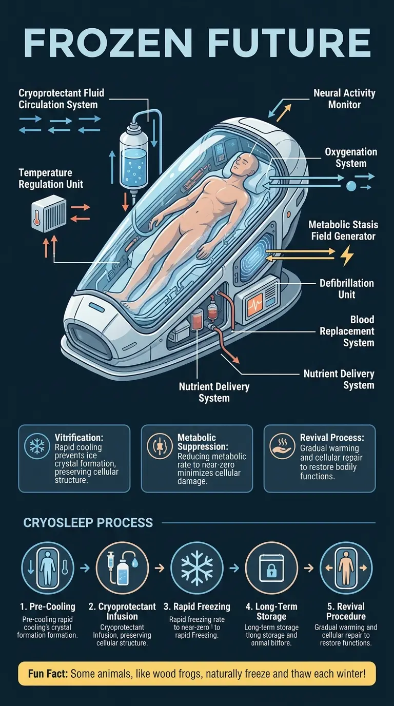 Detailed infographic illustrating the science of cryosleep, including body preservation, revival techniques, and potential applications for interstellar travel. #cryosleep #interstellartravel #science #futuretech