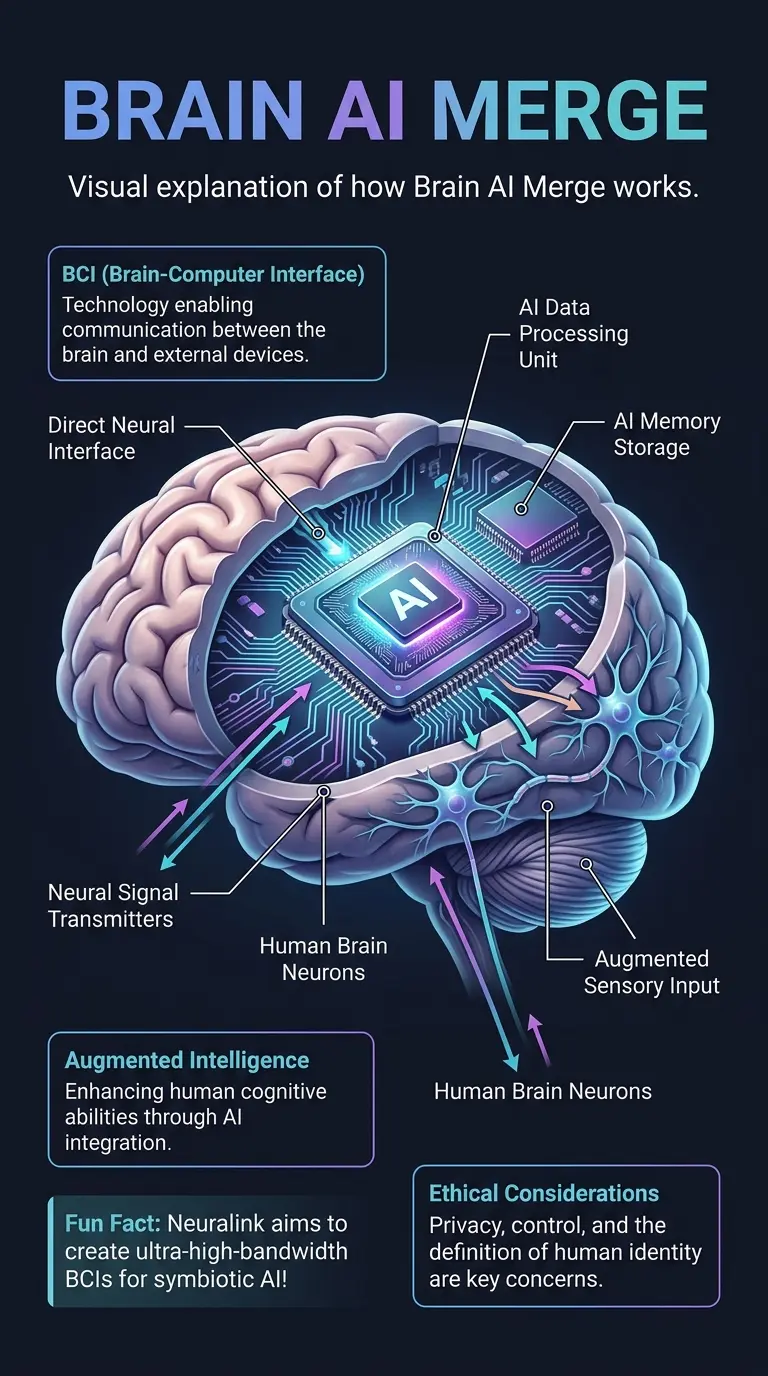 Infographic explaining the potential for human brains to directly merge with artificial intelligence, highlighting benefits, challenges, and ethical considerations.
