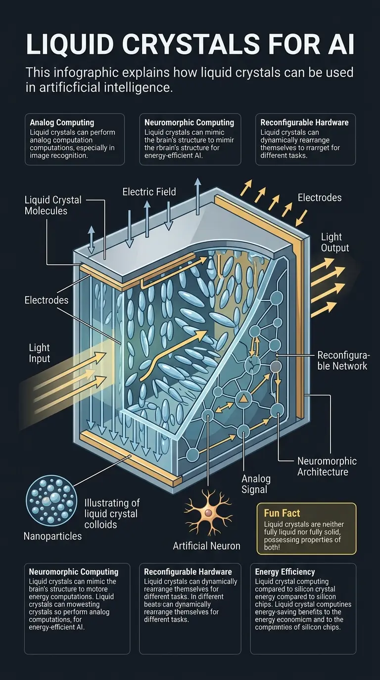 Infographic explaining how liquid crystals can be used in artificial intelligence, detailing their potential for analog computing, neuromorphic architectures, energy efficiency, and reconfigurable hardware.