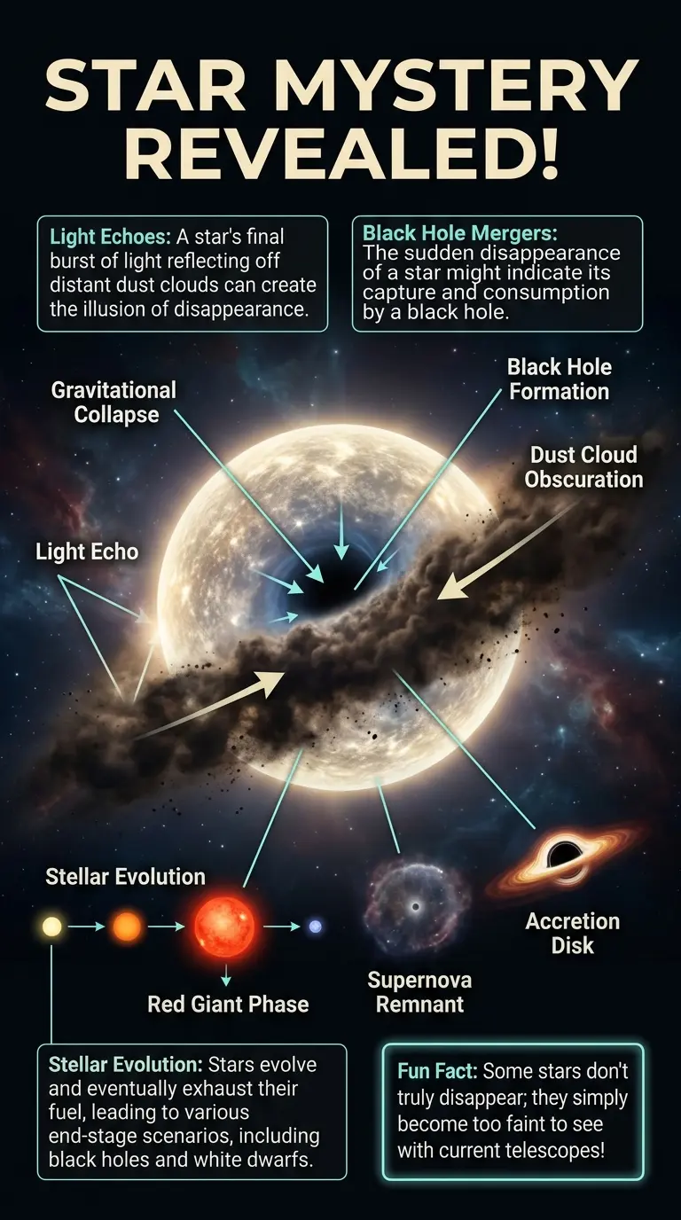 Infographic explaining the scientific theories behind why stars vanish, including light echoes, black hole mergers, and stellar evolution. #StarDisappearance #CosmicMysteries #SpaceFacts