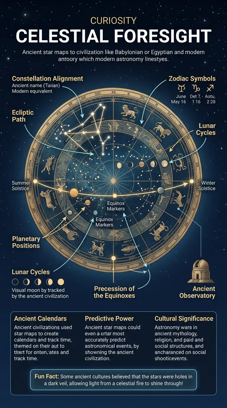 Infographic explaining how ancient star maps may have predicted cosmic events, with key constellations and astronomical alignments highlighted.