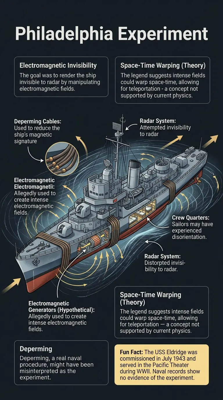 Detailed infographic explaining the Philadelphia Experiment, its alleged scientific basis, key figures, debunking efforts, and enduring appeal. #PhiladelphiaExperiment #TimeTravel #ConspiracyTheory