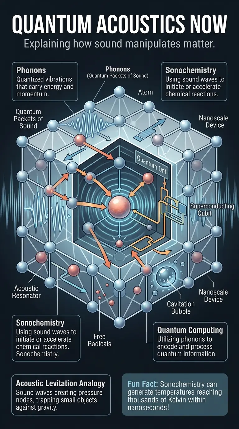 Infographic explaining quantum acoustics and how sound waves manipulate matter at the quantum level, including phonons, sonochemistry, and potential applications in computing and materials science.