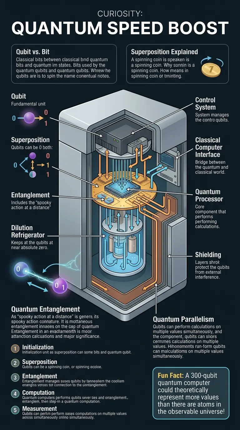Infographic explaining why quantum computers are mind-bogglingly faster than supercomputers, detailing qubits, superposition, entanglement, and quantum algorithms.