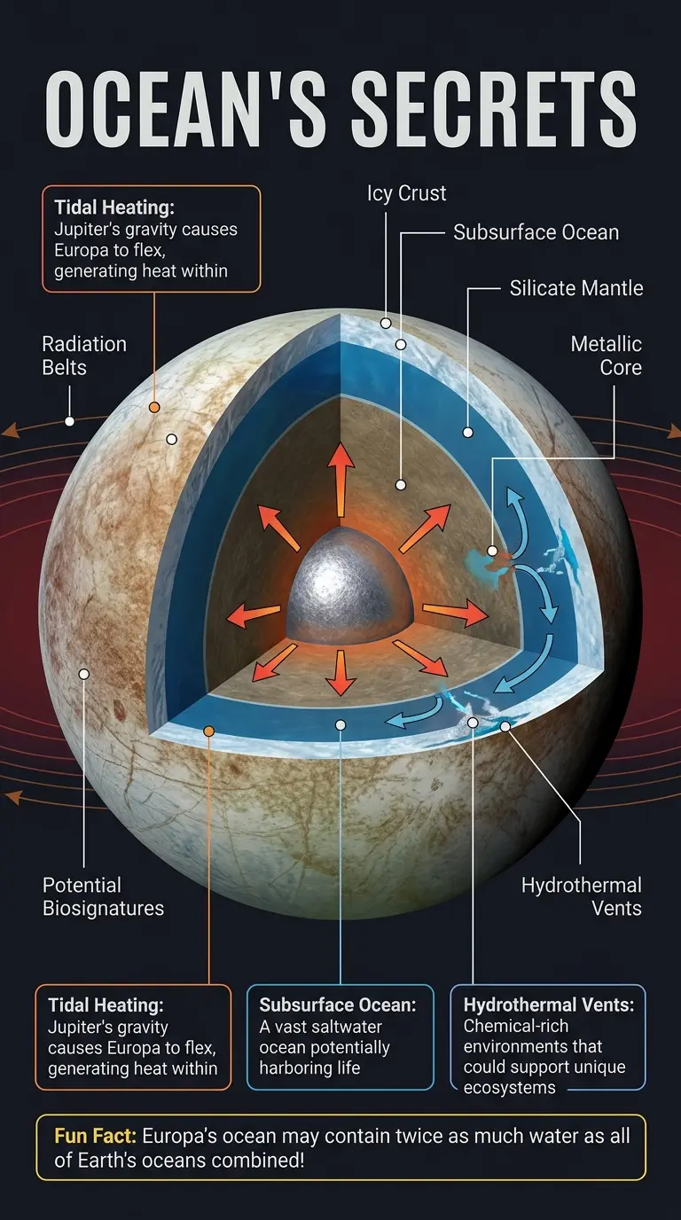 Infographic revealing the internal structure of Europa, Jupiter's moon, and exploring the potential for alien life in its hidden ocean.