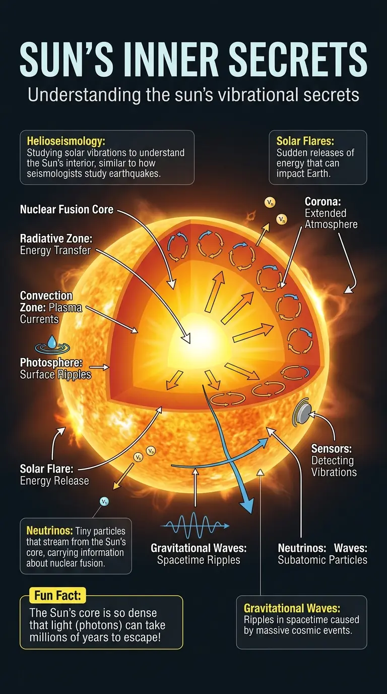 Infographic explaining helioseismology and the potential of the Sun's hum to reveal cosmic secrets.