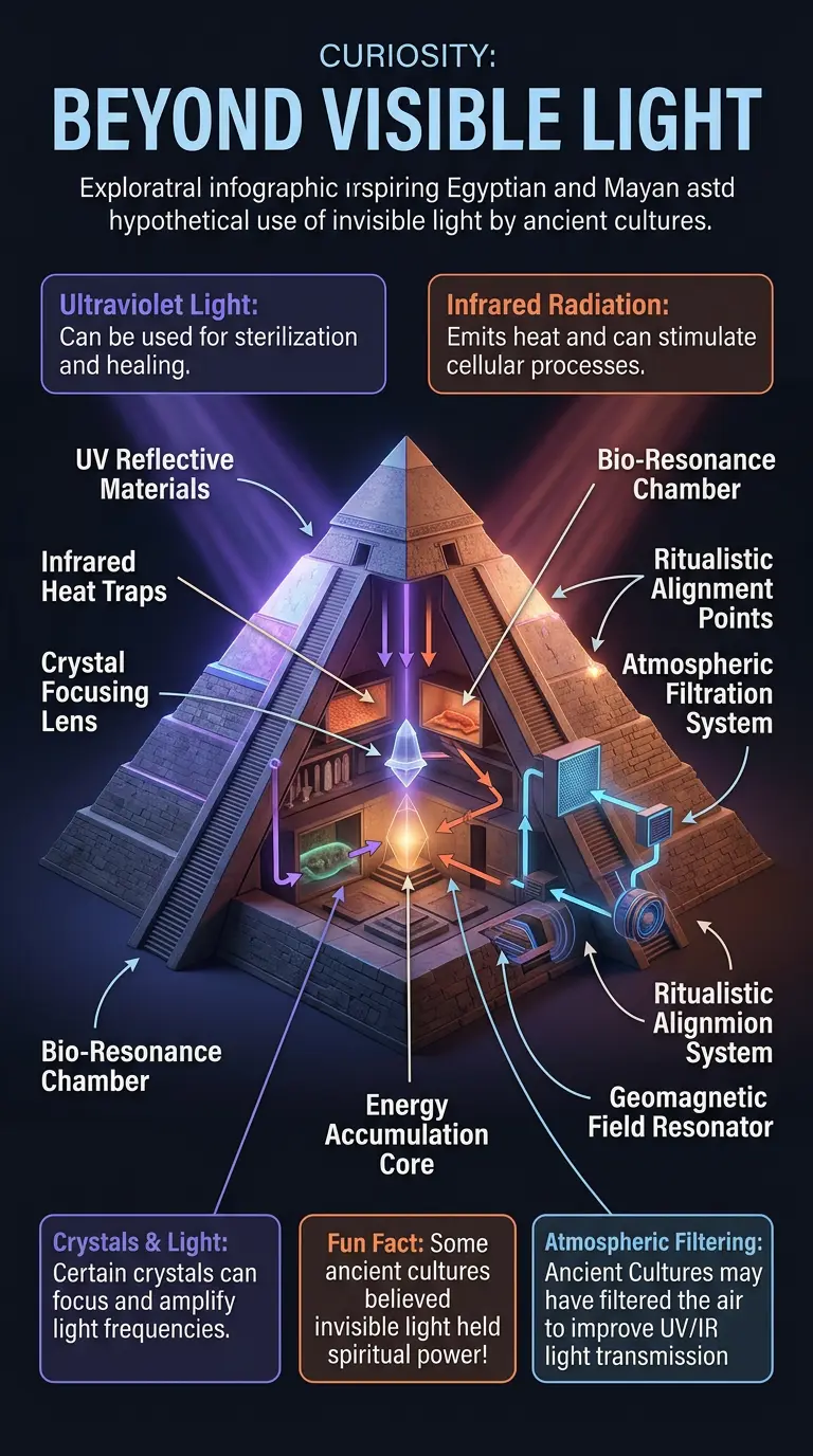 Infographic explaining how ancient cultures may have perceived and utilized invisible light, such as ultraviolet and infrared, with cutaway illustrations of ancient structures and potential applications.