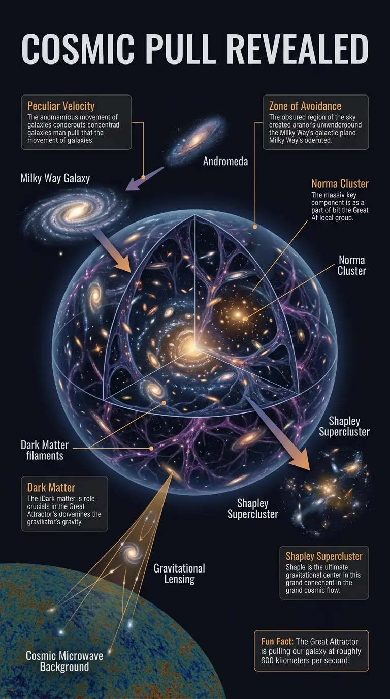 Infographic explaining the Great Attractor, a gravitational anomaly pulling our galaxy and others towards it, including its relation to dark matter and the Shapley Supercluster.