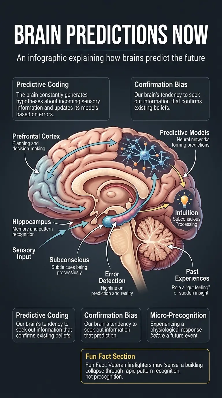 Infographic explaining precognition, how brains predict the future, and the science behind potential future sight.