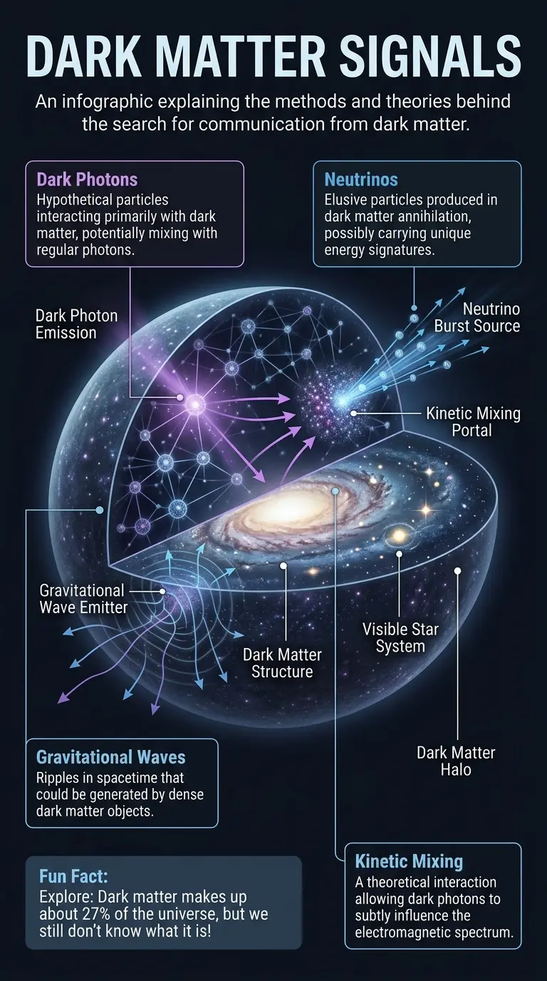 Infographic explaining the search for signals from dark matter and potential communication methods.